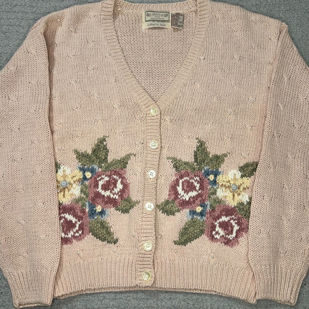 1990s Ashley Cardigan VTG‎ Floral Hand Knit PM Pink Grandmacore Coquette Cottage